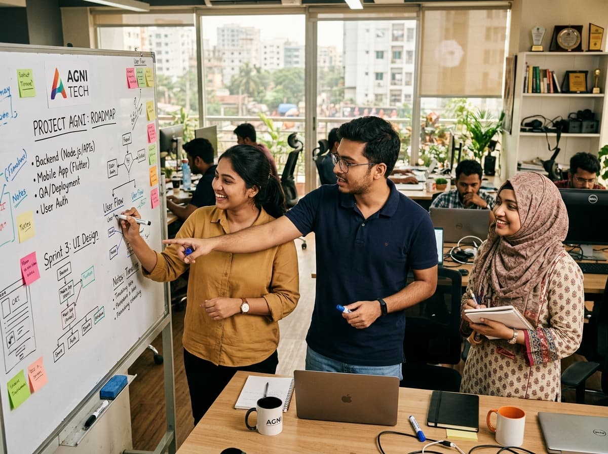 Varendra Technologies team planning session at a whiteboard